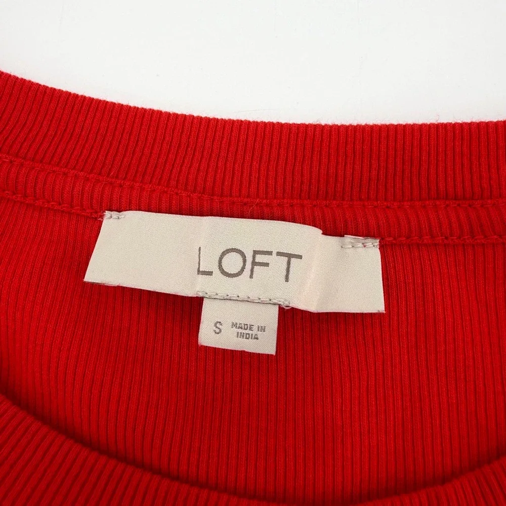 LOFT Womens Small Red Top Long Puff Sleeve Ribbed Mixed Media Smocked Cuff